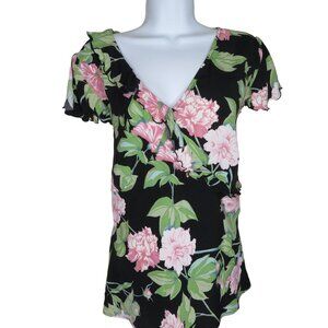Kauaiana Petite Womens XL Black Floral Ruffle Wrap Top 100% Rayon Made in Hawaii